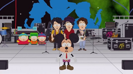 Micky Mouse in South Park with Jonas Brother and three of the four stars on the background.